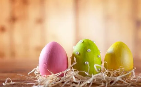 Easter composition with colorful Easter eggs. Stock Photos