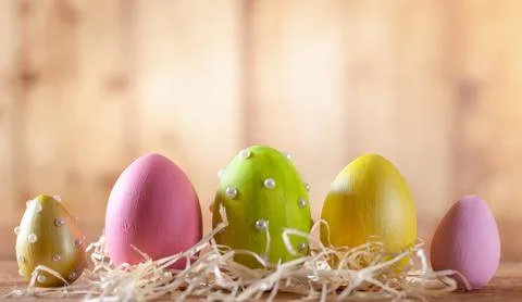 Easter composition with colorful Easter eggs. Stock Photos