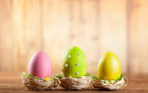 Easter composition with colorful Easter eggs. Stock Photos