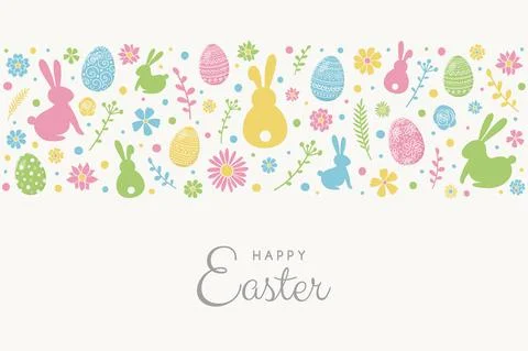 Easter composition with colourful bunnies, eggs and flowers. Greeting card. V Stock Illustration