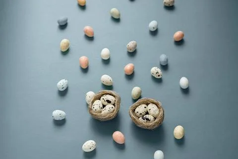 Easter composition with colourful Easter eggs in bird's nest on blue background Stock Photos
