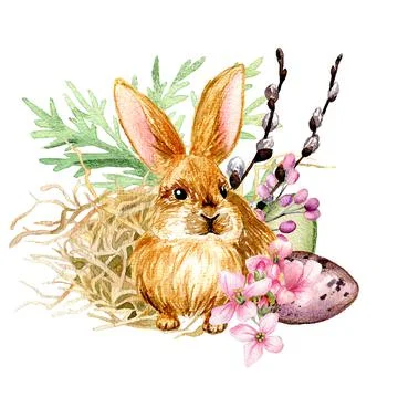 Easter composition with cute bunny and hay. Illustrazione stock