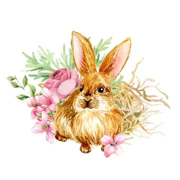 Easter composition with cute bunny and hay. Stock Illustration