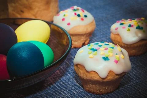 Easter composition on a dark blue background. Stock Photos