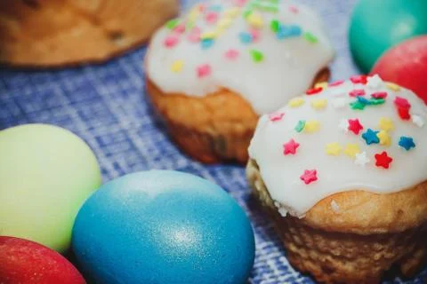 Easter composition on a dark blue background. Stock Photos