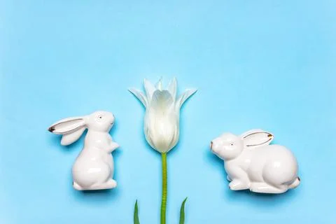 Easter composition with decorative easter bunnies and beautiful white fresh t Stock Photos