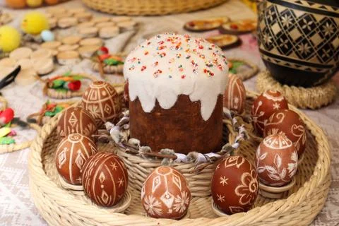 Easter composition on a decorative tray Stock Photos