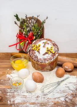 Easter composition of Easter bread, eggs, wine Stock Photos