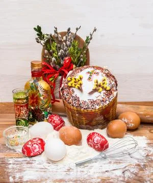 Easter composition of Easter bread, eggs, wine Stock Photos