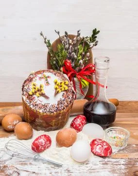 Easter composition of Easter bread, eggs, wine Stock Photos
