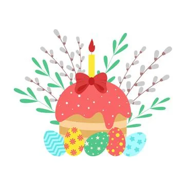 Easter composition with Easter cake, eggs and willow branches Stock Illustration