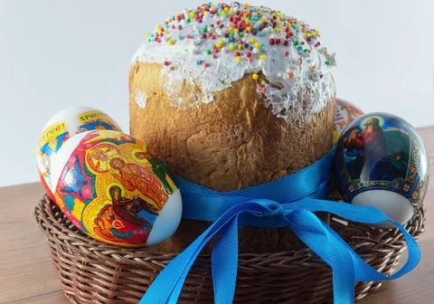 Easter composition. Easter Cake - Russian and Ukrainian Traditional Kulich wi Stock Photos