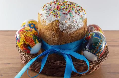 Easter composition. Easter Cake - Russian and Ukrainian Traditional Kulich wi Stock Photos