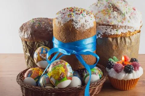 Easter composition. Easter Cake - Russian and Ukrainian Traditional Kulich wi Stock Photos