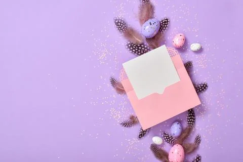 Easter composition with Easter eggs. Flat lay, top view. Stock Photos