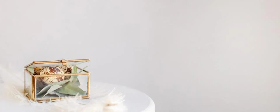 Easter composition. Easter eggs in a glass box on a white and gray background Stock Photos