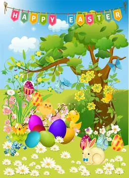 Easter composition with Easter eggs, Stock Illustration