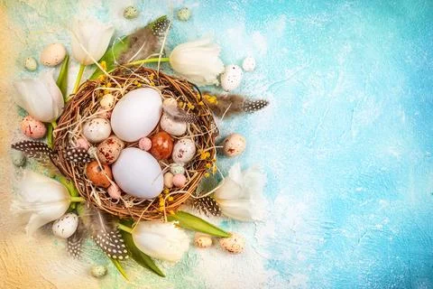 Easter composition with Easter eggs in nest . Stock Photos