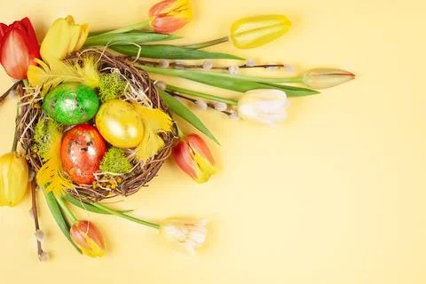 Easter composition with Easter eggs in nest and  spring flowers Stockfoto's