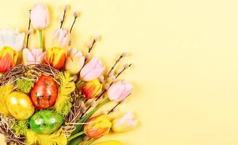 Easter composition with Easter eggs in nest and  spring flowers Stock Photos
