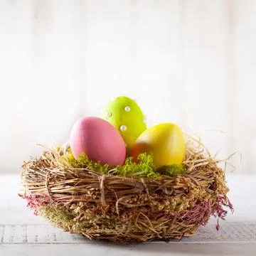 Easter composition with Easter eggs in nest. Stock Photos