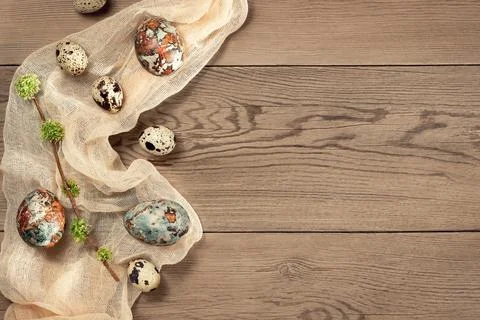 Easter composition - Easter eggs painted with natural dyes on a wooden table, Stock Photos