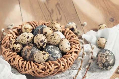 Easter composition - Easter eggs painted with natural dyes in a wicker nest o Stock Photos