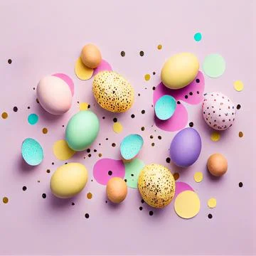 Easter composition. Easter eggs, paper blank on pastel background. Flat lay, top Stock Illustration
