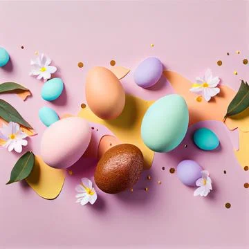 Easter composition. Easter eggs, paper blank on pastel background. Flat lay, top Stock Illustration