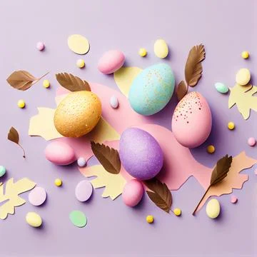 Easter composition. Easter eggs, paper blank on pastel background. Flat lay, top Stock Illustration