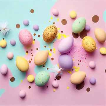 Easter composition. Easter eggs, paper blank on pastel background. Flat lay, top Stock Illustration
