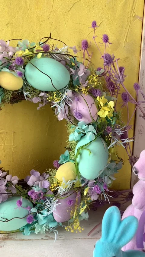 Easter composition with eggs and bunnies , Easter wreath Video stock 273740949