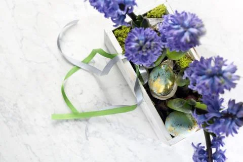 Easter composition with eggs and shells, top view. Ecological style. Stock Photos