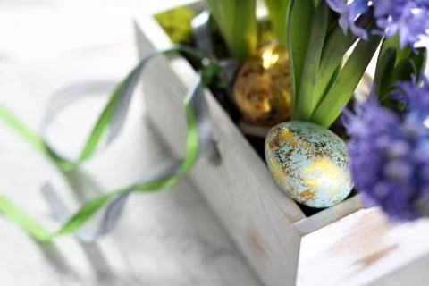 Easter composition with eggs and shells, top view. Ecological style. Stock Photos