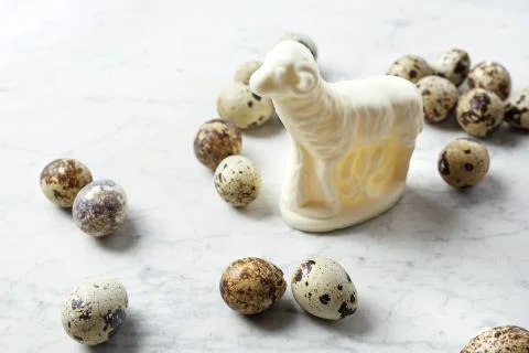 Easter composition with eggs and shells, top view. Ecological style. Stock Photos