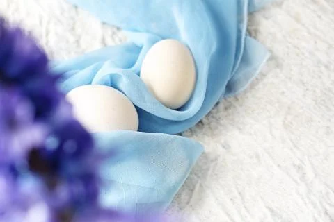 Easter composition with eggs and shells, top view. Ecological style. Stock Photos