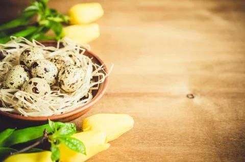 Easter Composition of eggs and spring flowers. Stock Photos