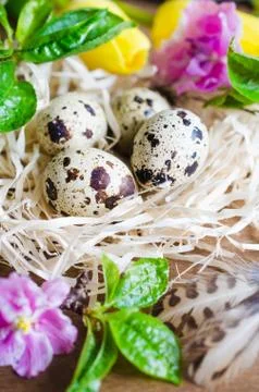 Easter Composition of eggs and spring flowers. 스톡 사진