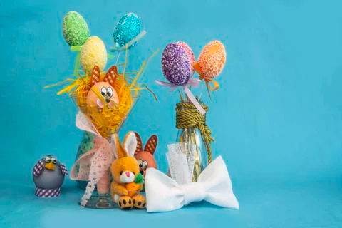 Easter composition with eggs on a blue background Stock Photos