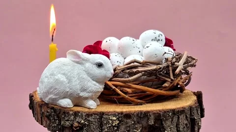 Easter composition with eggs, candle and bunny Stock Footage 304758870