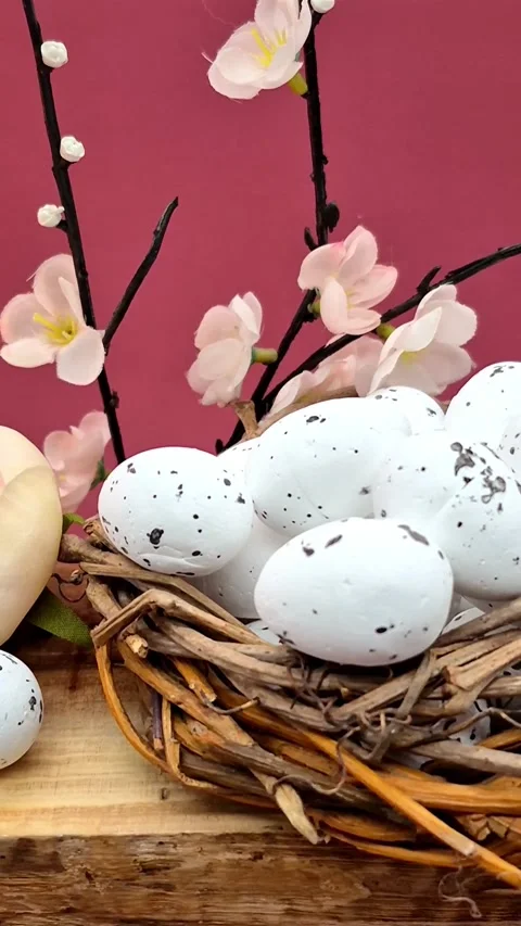 Easter composition with eggs, candle and bunny Stock Footage 304758919
