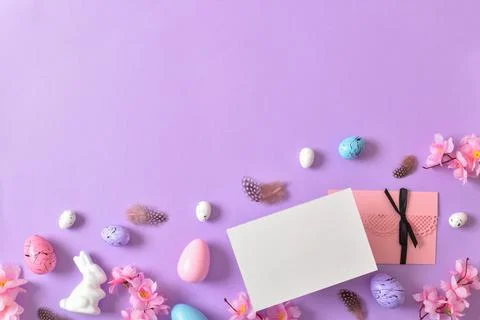 Easter composition with eggs. Flat lay, top view. Stock Photos