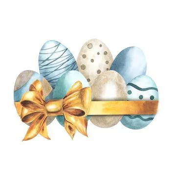 Easter composition with eggs, golden bow. Hand drawn watercolor illustration Stock Illustration
