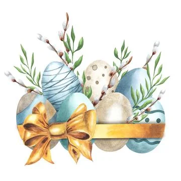 Easter composition with eggs, golden bow, willow twigs and green leaves. Hand Stock Illustration