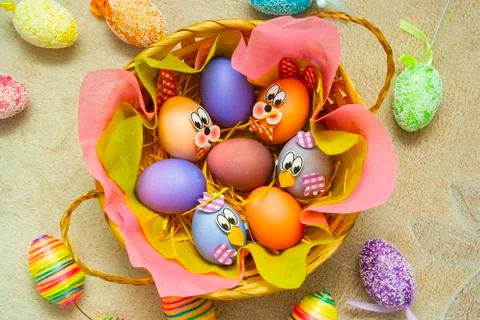 Easter composition with eggs on a pastel background Stock Photos