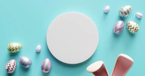 Easter composition with an empty white circle in the center, colorful eggs 스톡 일러스트