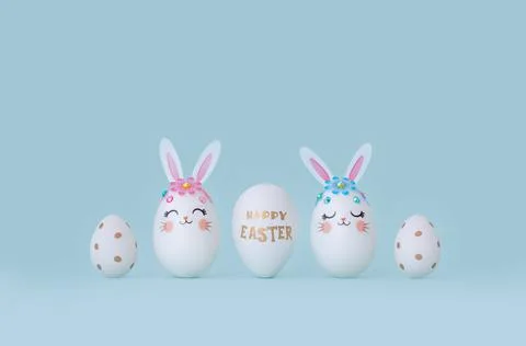 Easter composition of five different eggs on a blue background. Stock Photos