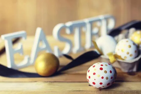 Easter composition flower and eggs various vintage elements on old worn ba... Stock Photos