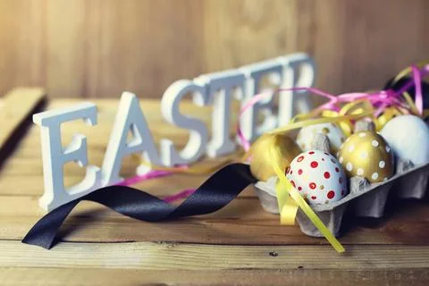 Easter composition flower and eggs various vintage elements on old worn ba... Stock Photos