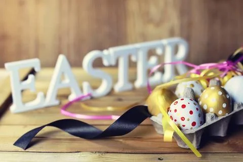 Easter composition flower and eggs various vintage elements on old worn ba... 스톡 사진